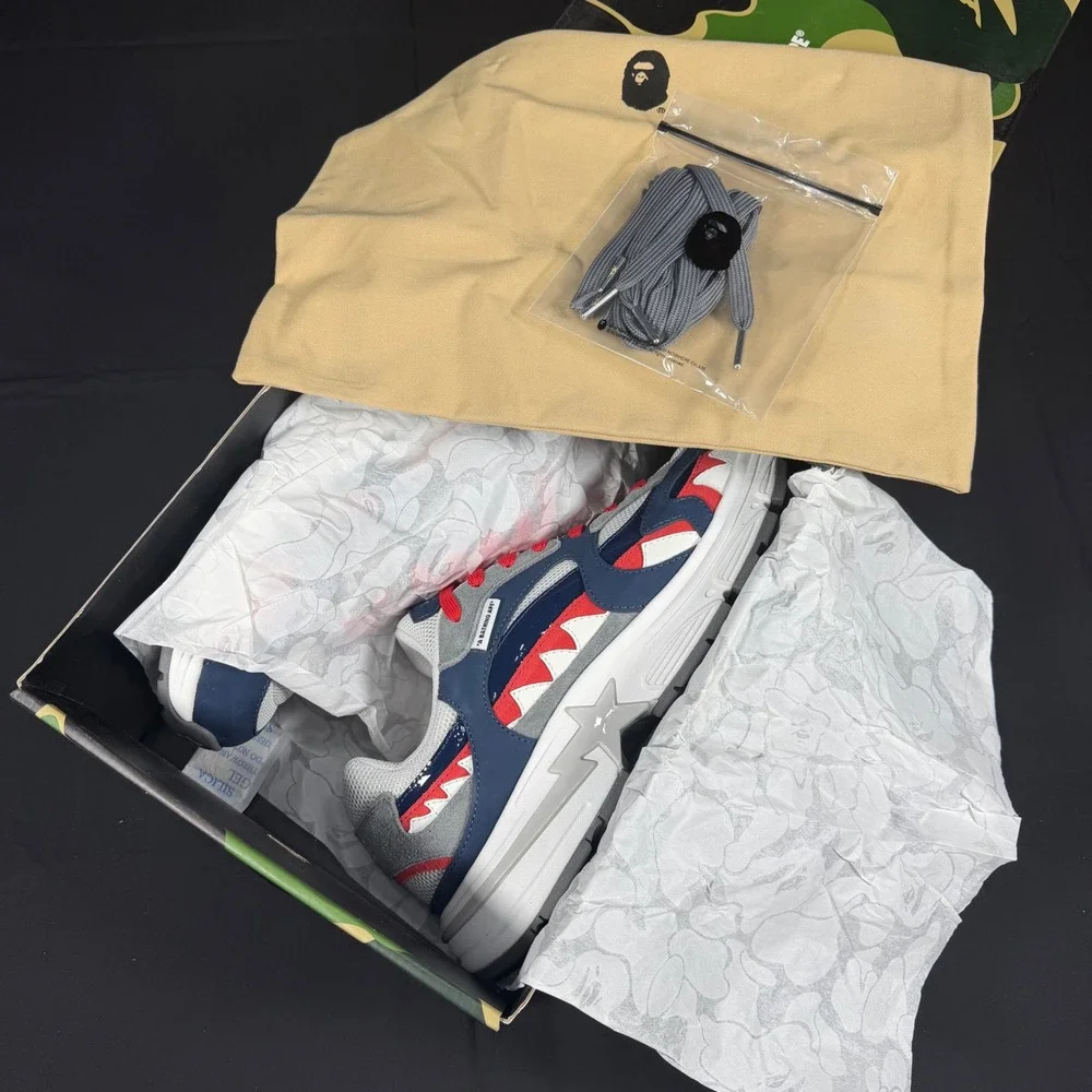 A Bathing Ape Shark Sta France Navy Red White Sneakers 1K20191302 Mens Size 12